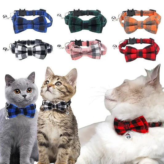 Adjustable plaid cat collars with bow tie and small bell made of soft fabric for stylish pet accessories