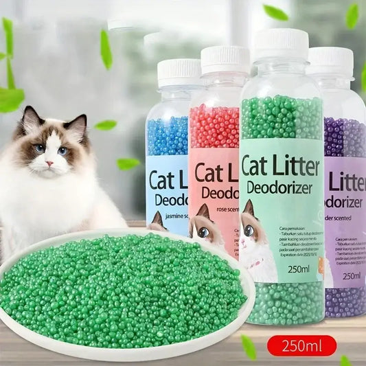 Aromatic cat litter deodorizing beads in green spherical form in a 250ml transparent bottle with white cap