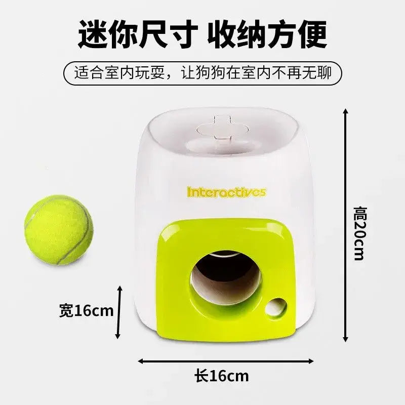 Automatic dog tennis ball and treat launcher toy white and lime green plastic with circular front opening