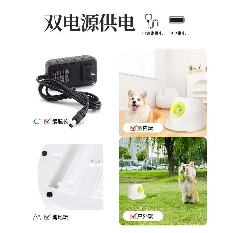 White plastic automatic dog tennis ball and treat launcher toy with bright green circular opening on top