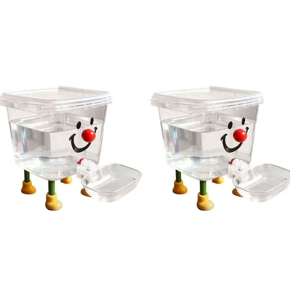 Automatic gravity pet water dispenser made of clear plastic with a smiling clown face red nose and green yellow legs