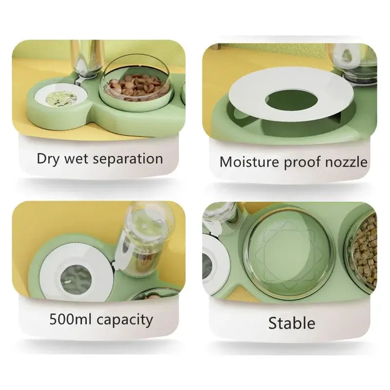 A sleek light green automatic triple bowl pet feeder with dual compartments for dry and wet food separation