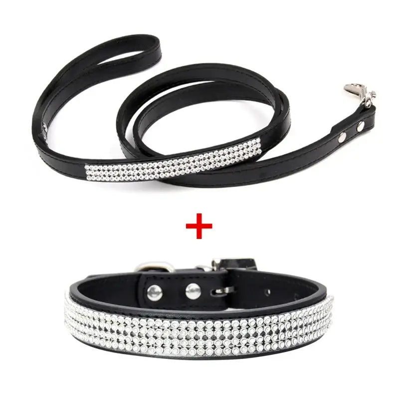 Black leather dog collar and leash set with sparkling clear rhinestones made of PU leather for stylish pet use