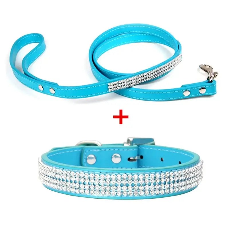 Bright turquoise pu leather dog collar and leash set with multiple rows of sparkling clear rhinestones