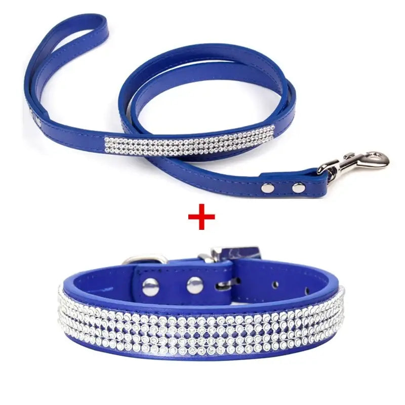 Royal blue pu leather dog collar and leash set with multiple rows of sparkling clear rhinestones for pets