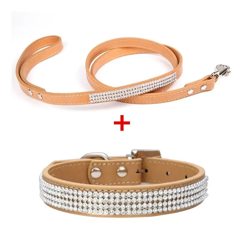 Tan leather dog collar and leash set with three rows of clear rhinestones made of pu leather for pets
