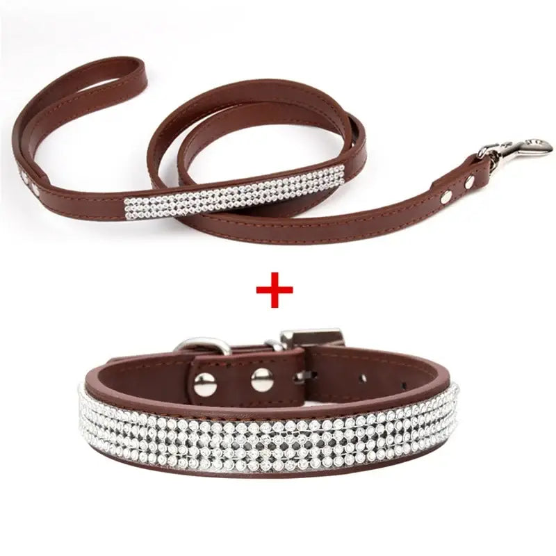 Brown leather dog collar and leash set with sparkling clear rhinestones made of pu leather for stylish pets