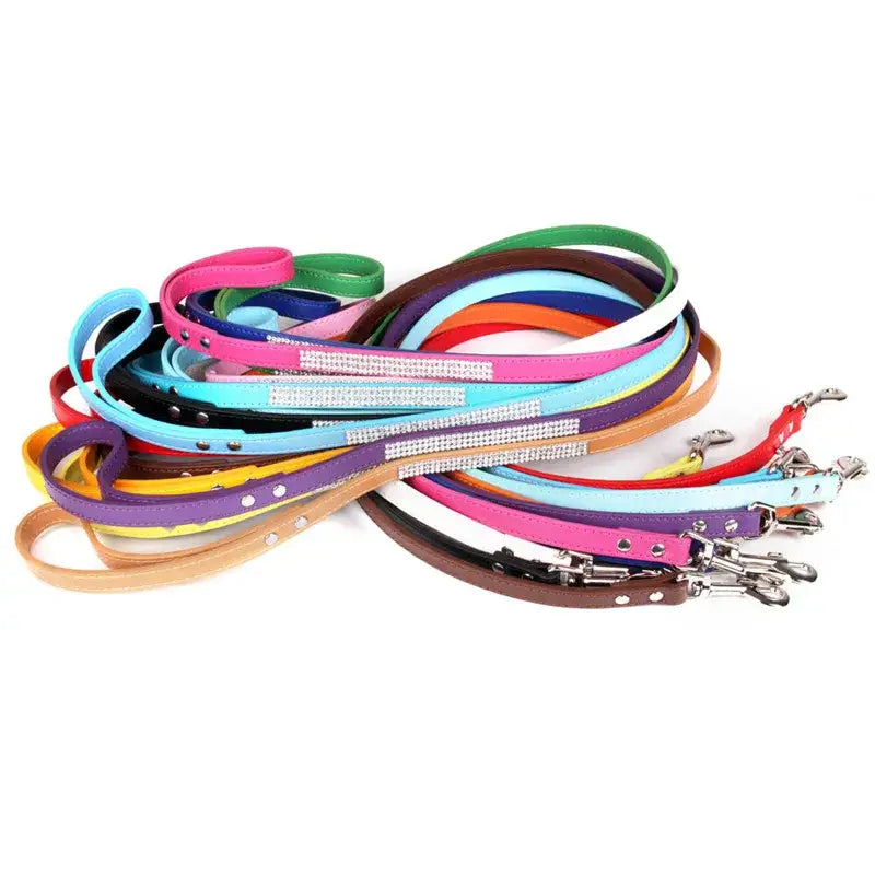 A collection of colorful rhinestone-embellished pu leather dog leashes in assorted hues for stylish pet walks