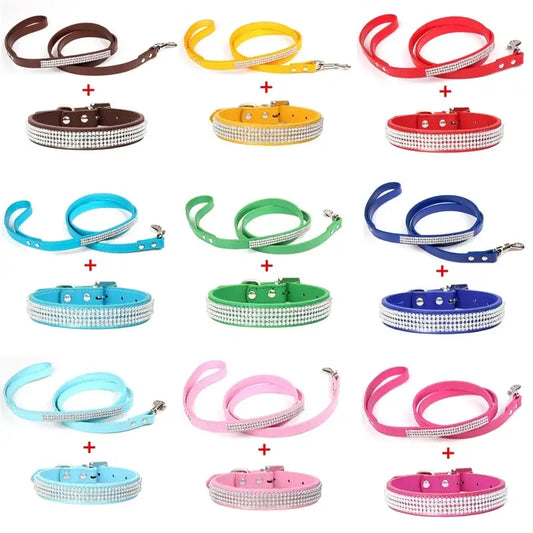 Set of colorful bling rhinestone embellished pu leather dog collars and leashes in assorted hues for stylish pets