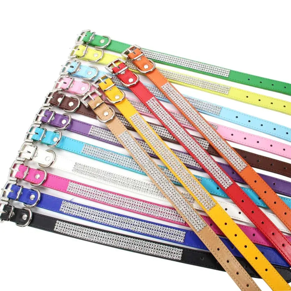 Colorful bling rhinestone pu leather dog collars with silver rhinestone embellishments and metal buckles