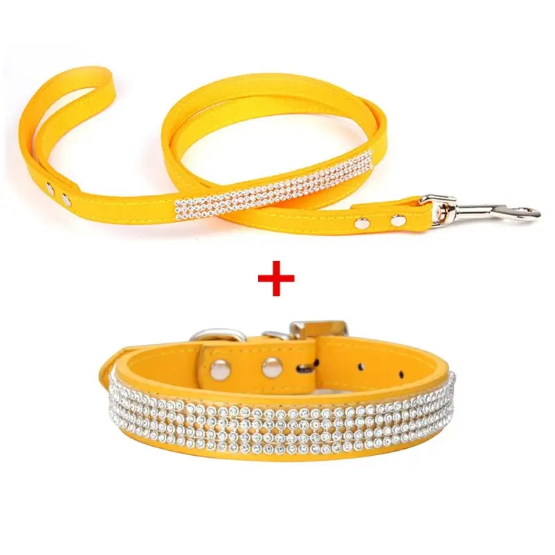 Bright yellow pu leather dog collar and leash set with two rows of clear rhinestones for a bling look