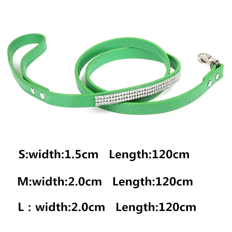 Green leather dog leash with sparkling rhinestone accent and silver metal clasp from bling rhinestone pu leather set
