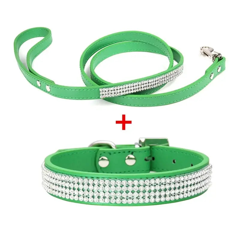 Green faux leather dog collar and leash set with three rows of sparkling rhinestones for stylish pet accessories