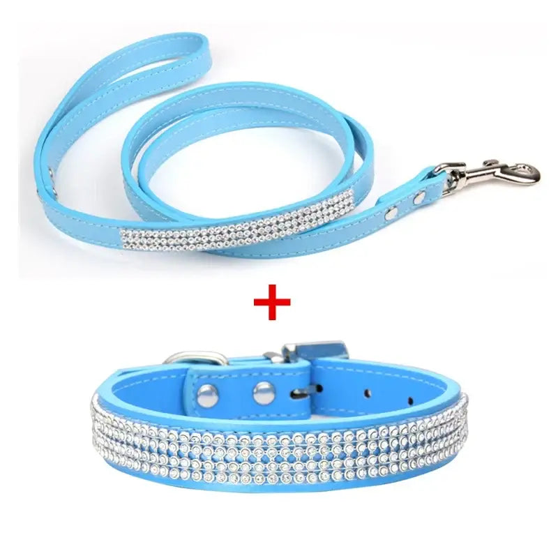 Light blue faux leather dog collar and leash set with two rows of sparkling rhinestones for stylish walks