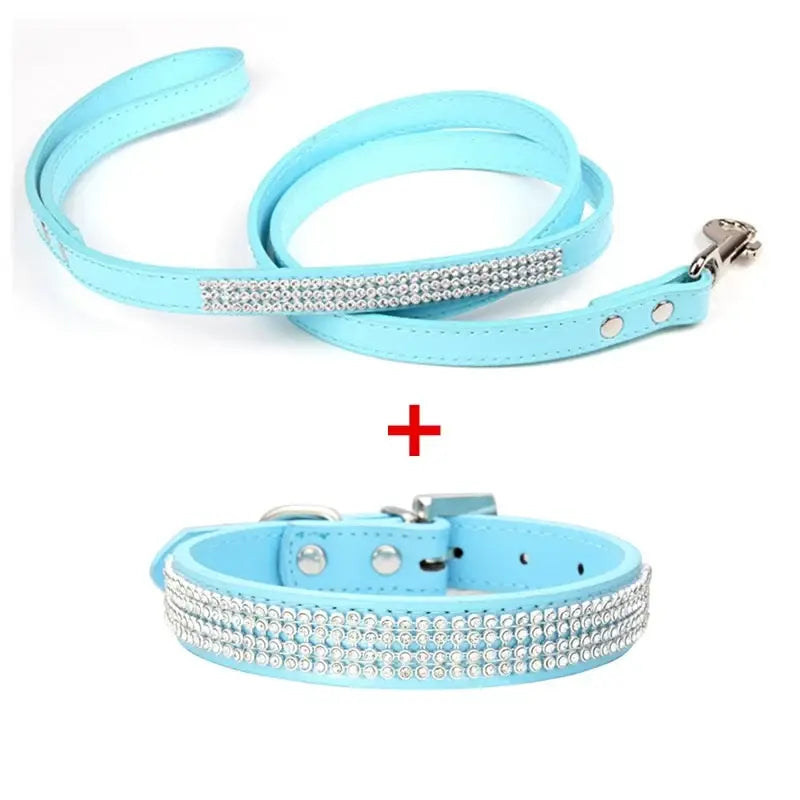 Bling rhinestone pu leather dog collar and leash set in light blue with two rows of sparkling rhinestones