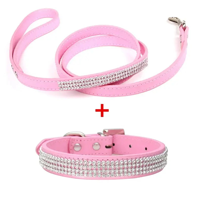 Pink leather dog collar and leash set with three rows of sparkling rhinestones made of pu leather for pets