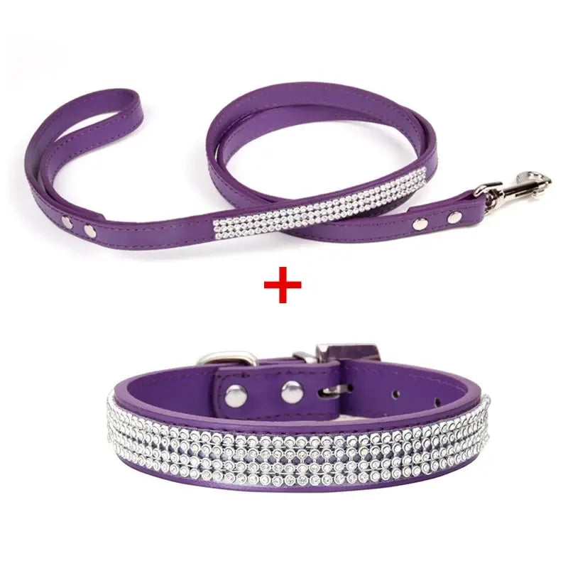 Purple leather dog collar and leash set adorned with three rows of sparkling rhinestones for bling style
