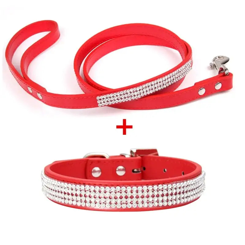 Red leather dog collar and leash set with multiple rows of sparkling rhinestones made from pu leather