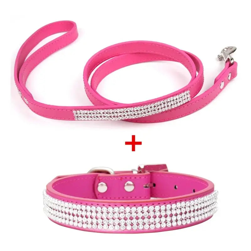 Pink leather dog collar and leash set with sparkling rhinestones made of pu leather for stylish pet use