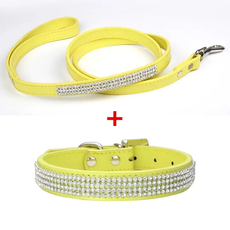 Bright yellow pu leather dog collar and leash set with two rows of clear rhinestones for a bling look