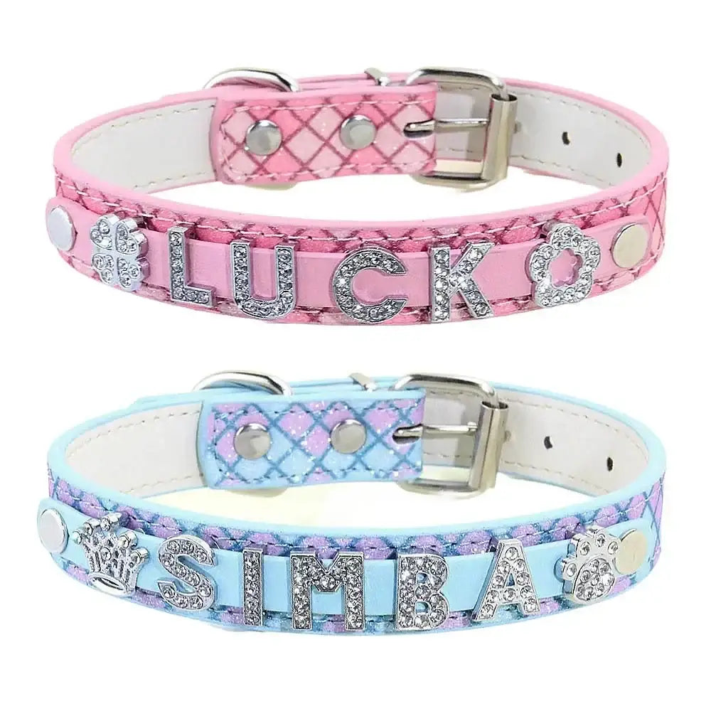 Pink and light blue glittery rhinestone puppy dog collars with personalized name charms luck and simba with paw print charms