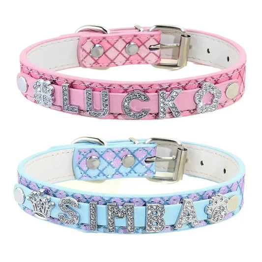 Pink and light blue glittery rhinestone puppy dog collars with personalized name charms luck and simba with paw print charms