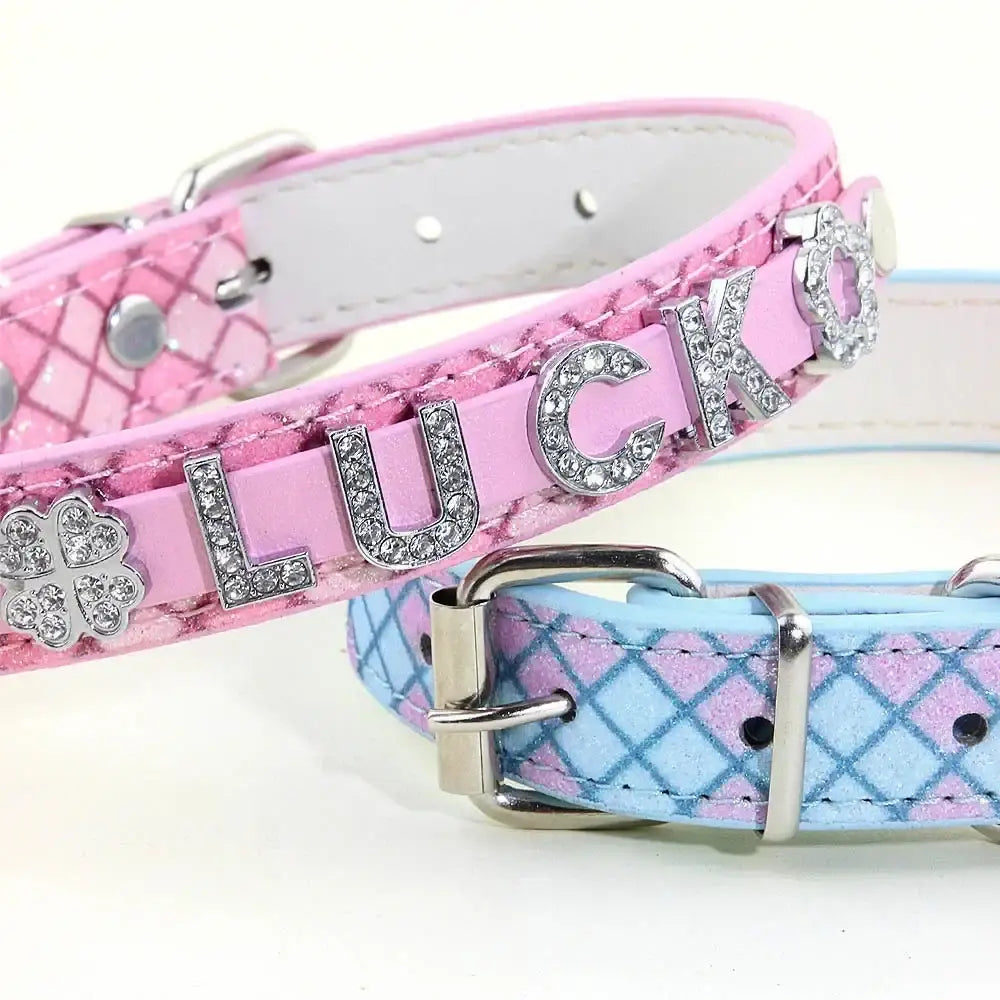 Pink and light blue bling rhinestone puppy dog collars with diamond lettering lucky and four leaf clover charm on quilted faux leather