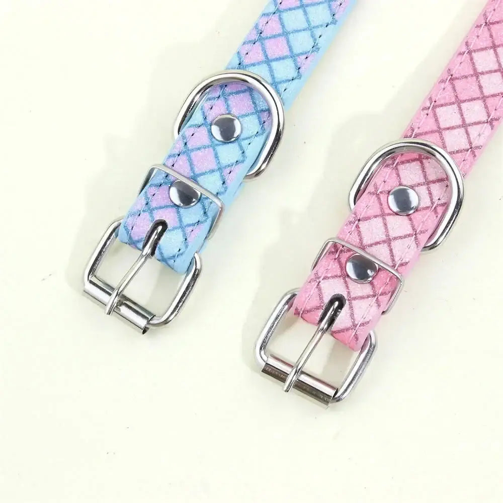 Pastel blue and pink quilted diamond pattern dog collars with silver metal hardware personalized for small dogs and cats