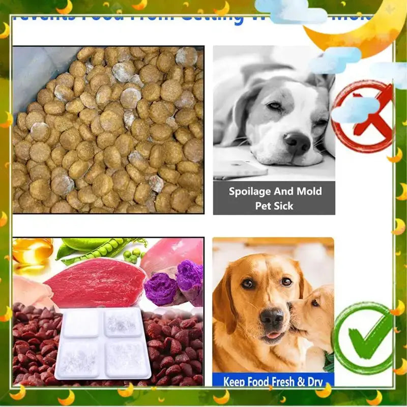 Brown round dog food pellets with white powder kept fresh by bq-12pcs pet food desiccant bag for petlibro feeders