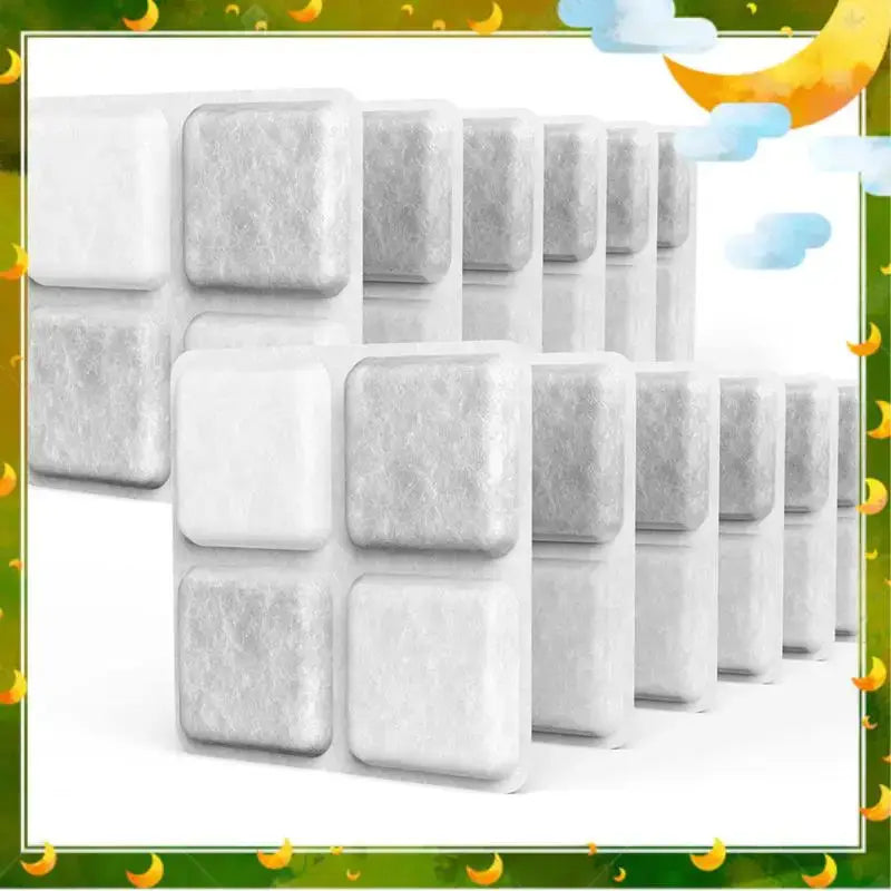 White and gray textured square adhesive wall panels arranged in a grid pattern for pet food desiccant use in Petlibro feeders