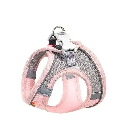 Pink and gray breathable adjustable dog harness with mesh fabric and silver metal buckle for safety and comfort
