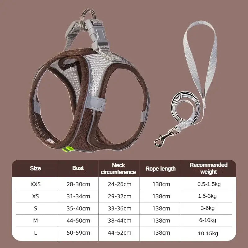 Breathable adjustable dog harness and safety vest in brown and silver mesh with matching leash and adjustable straps