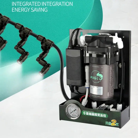 Black and gray integrated energy-saving misting system with white fittings and pressure gauge for reptile fogger and humidifier