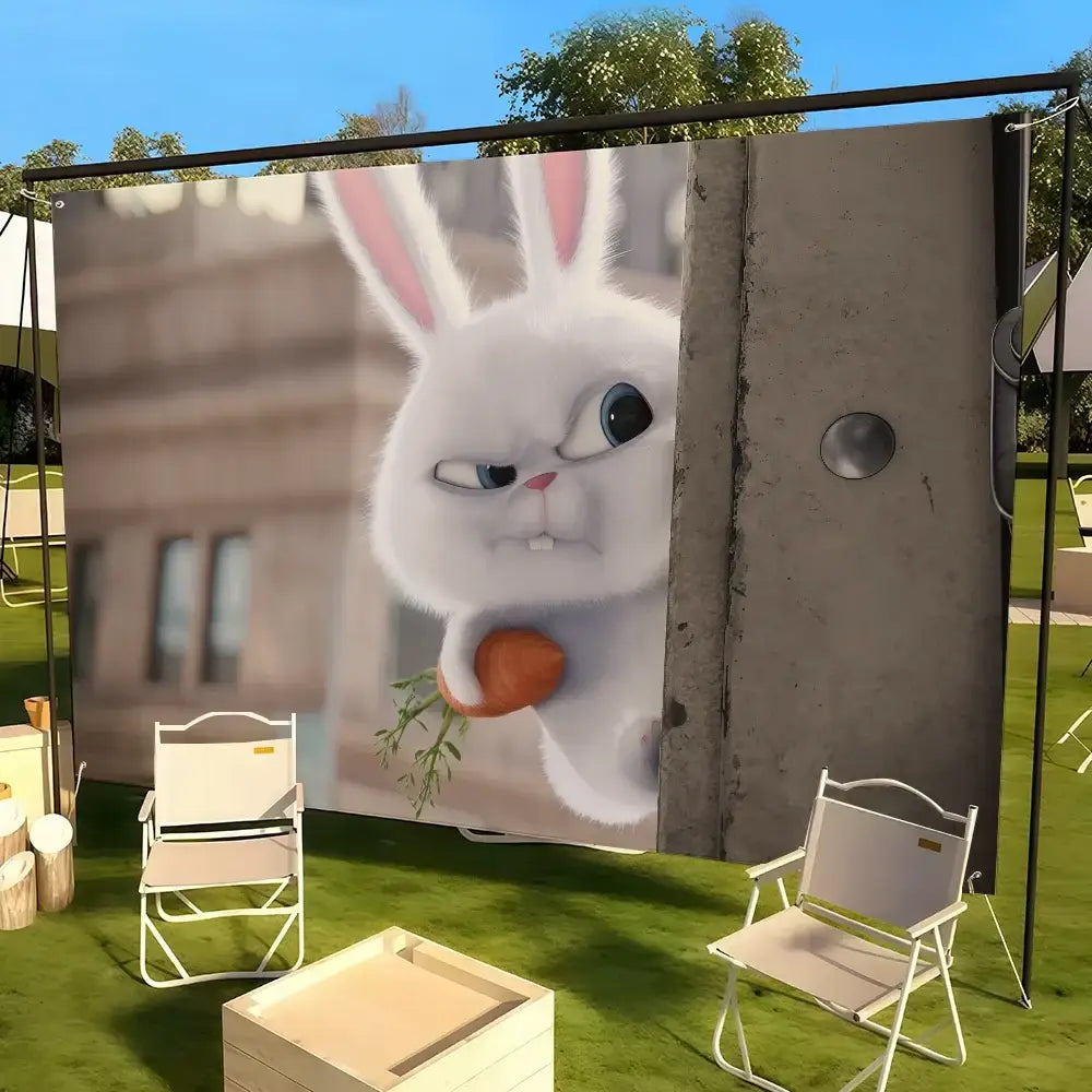 A large outdoor movie screen featuring a white animated rabbit with pink ears holding a carrot suitable for dorm rooms and outdoor events