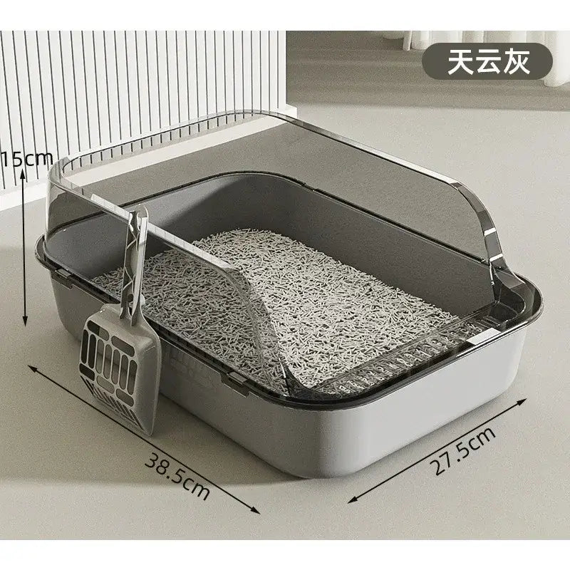 Gray plastic cat litter box with high fence semi-enclosed design transparent lid and attached scoop for outdoor use
