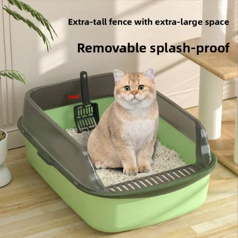 Light green and gray plastic cat litter box with removable splash-proof fence for outdoor pet use