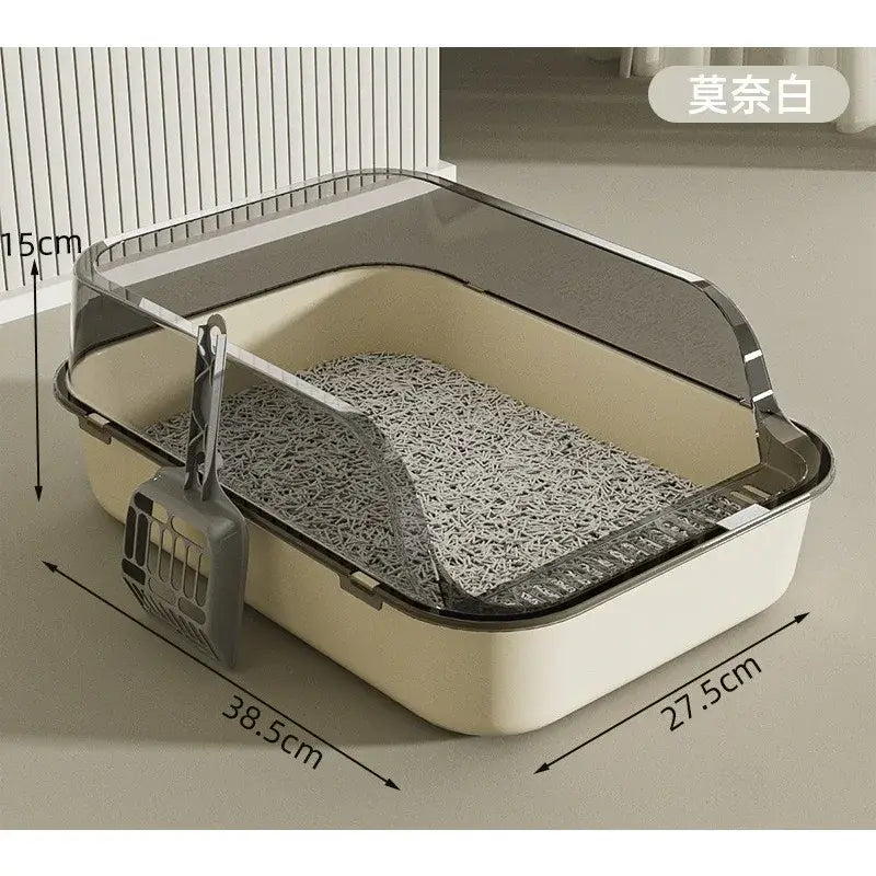 Cream-colored plastic cat litter box with transparent gray lid and scoop high fence splash-proof for pets outside