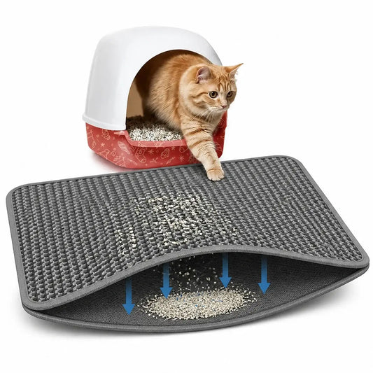 Gray textured cat litter trapping mat with raised dots and arrows showing waste collection direction heavy duty waterproof