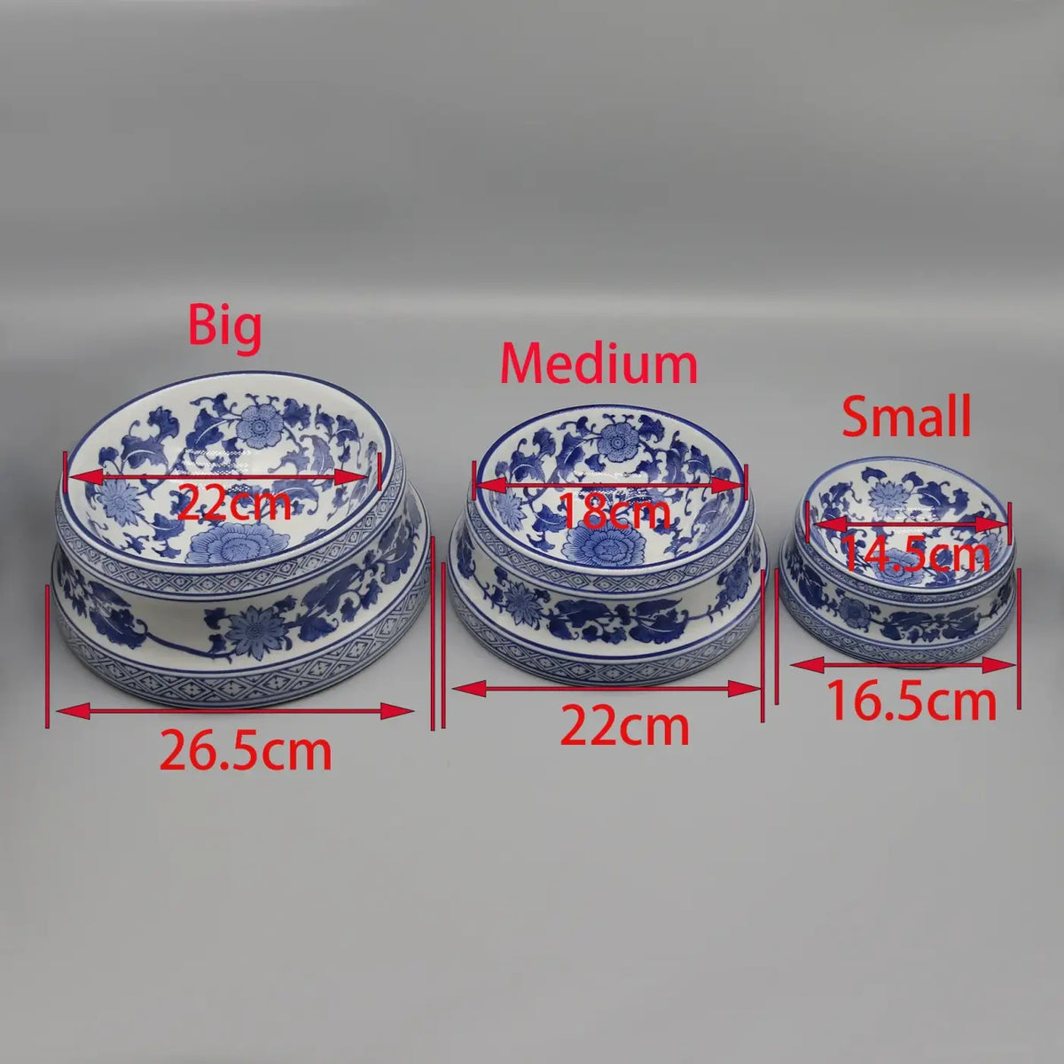 Ceramic pet feeding bowl set of three blue and white porcelain bowls with floral patterns in big medium and small sizes