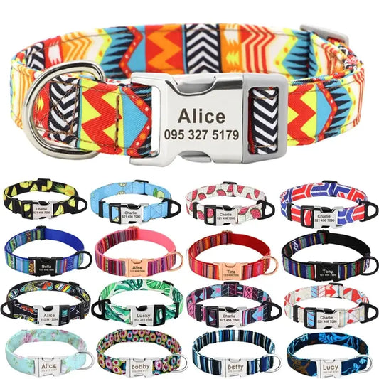 Vibrant geometric-patterned custom engraved large dog collar with silver stainless steel buckle and personalized details