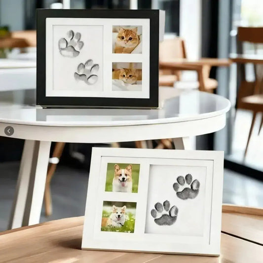 Black and white framed photo displays with pet paw prints and cat and dog photos in a diy pet paw print memorial kit