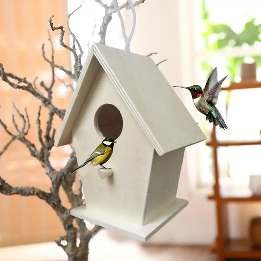 White wooden diy hanging birdhouse box with circular entrance and decorative trim for outdoor use