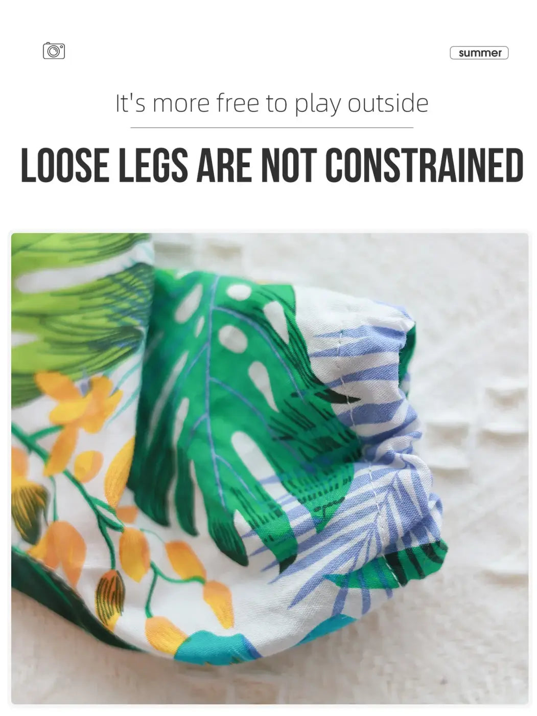 A vibrant tropical print spring and summer casual beach style four-legged jumpsuit for small dogs with colorful leaf patterns on white fabric