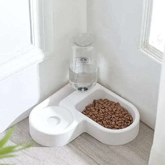 White corner pet feeder with built-in glass water bottle in double pet bowl set with automatic water dispenser