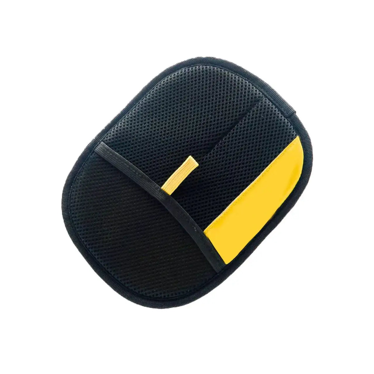 Black mesh double-sided electrostatic pet hair removal gloves with bold yellow accent stripe and small yellow tab