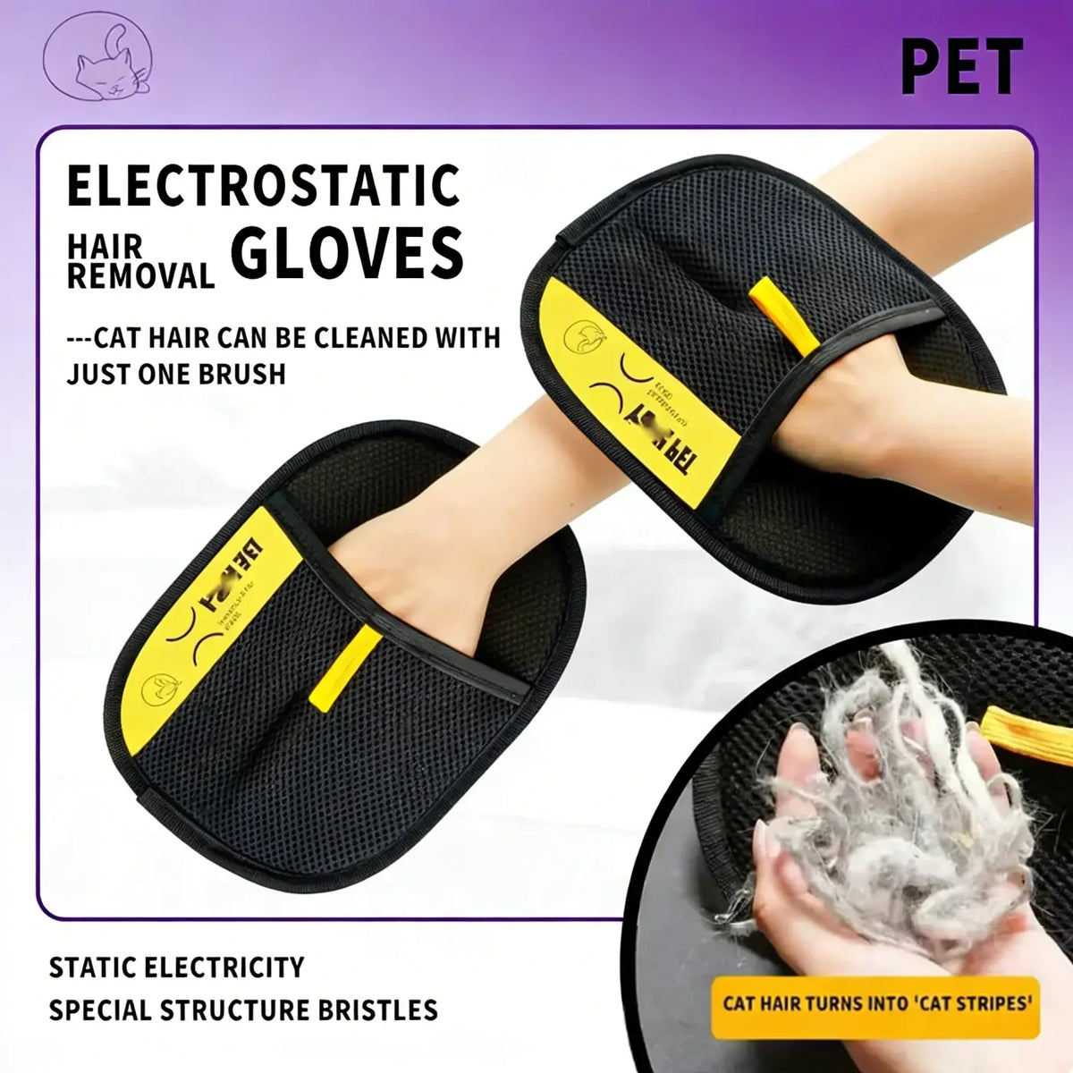 Black double-sided electrostatic pet hair removal gloves with yellow accents mesh design branded pet for cat hair cleaning