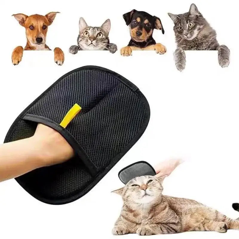 Black mesh double-sided pet grooming glove with yellow handle visible inside pocket for hair removal and grooming