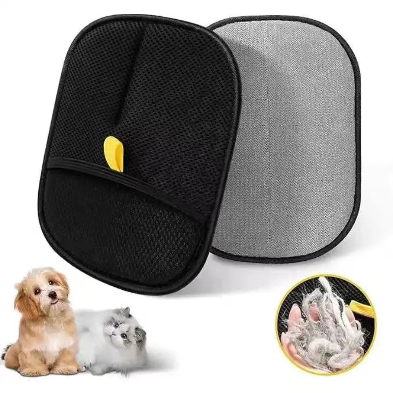 Black mesh double-sided pet hair removal and grooming glove with gray fabric backing and yellow plastic claw attachment