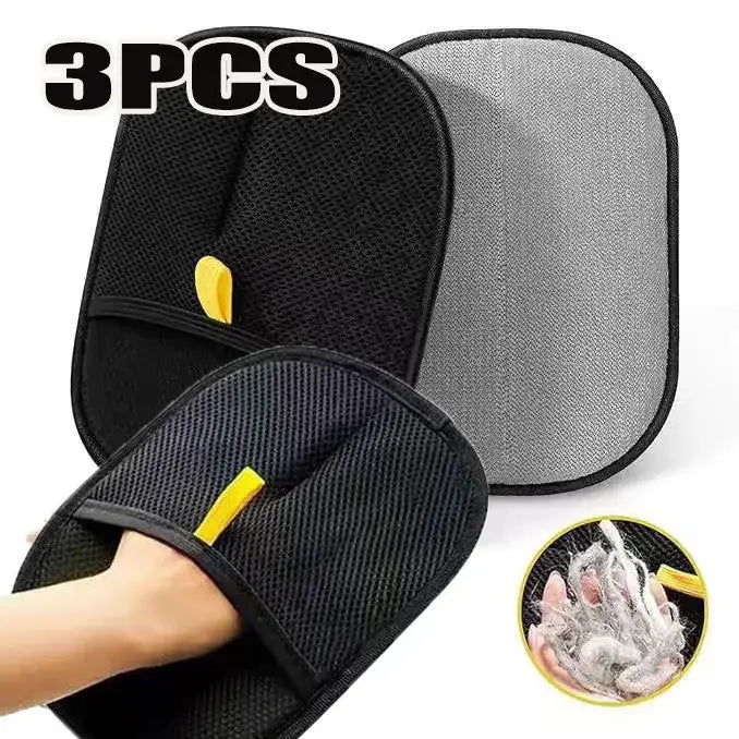 Black mesh car sunshade with yellow handle and gray reflective backing designed for double-sided pet hair removal glove
