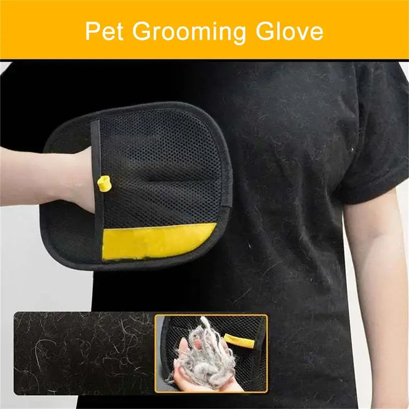 Black mesh double-sided pet hair removal and grooming glove with yellow accent stripe and button for easy grooming